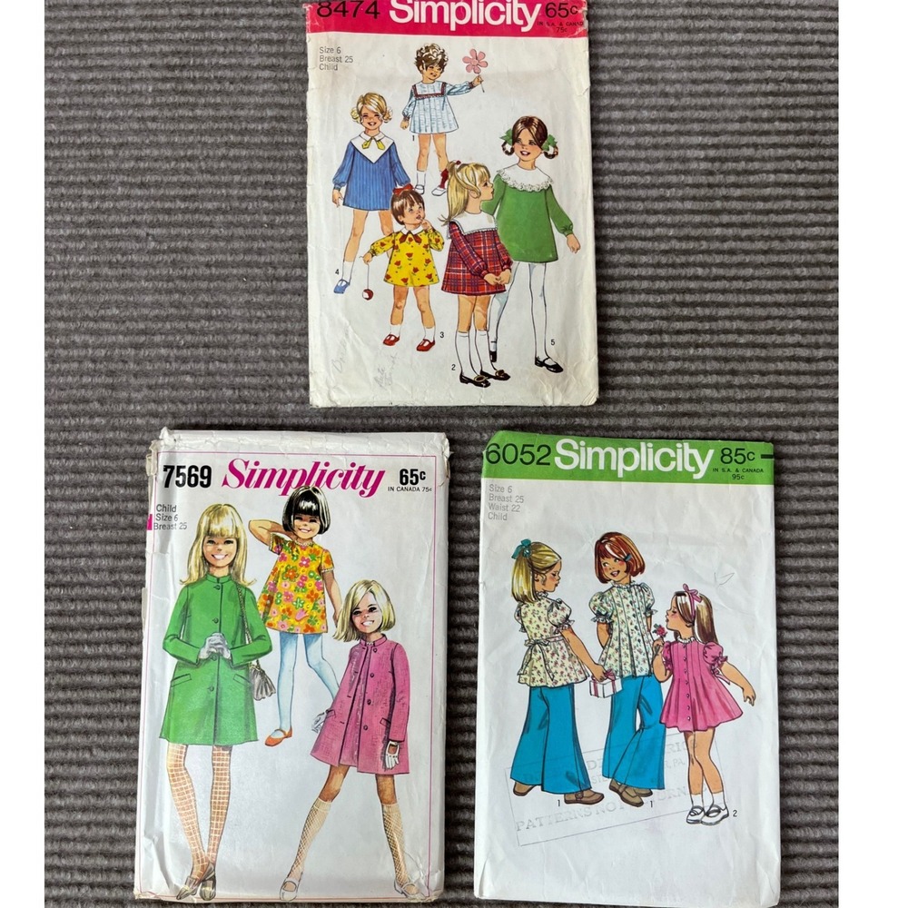 Vintage Simplicity Three Sewing Patterns Child Size 6 8474 7569 6052 Mod 60s 70s